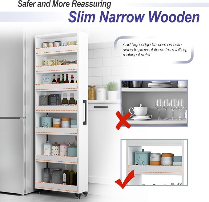 7-Tier Slim Storage Cart, Wooden Rolling Pantry Cabinet with Wheels, Narrow Shelf Organizer for Kitchen, Bakers Rack, Dining Room, Closet, Small Spaces Dark Walnut 47.2" H*9.8" W*16.9" D