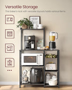 VASAGLE Baker's Rack, Microwave Stand, Kitchen Storage Rack with Wire Basket, 6 Hooks, and Shelves, for Spices, Pots, and Pans, Charcoal Gray and Ink Black UKKS035B04