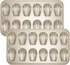 Madeleine Pans Set of 2, Nonstick 12-Cavity Madeleines Mold Cookie Tray for Baking, Heavy Duty Warp Resistant Cute Shell Shape Madeleine Mold Cake Pan-Gold