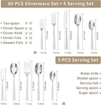 KINGSTONE Silverware Set with Serving Utensils, 65-Piece Forged Flatware Set Cutlery Set Premium Stainless Steel, Service for 12, for Kitchen, Home, Wedding, Party, Mirror Polished and Dishwasher Safe