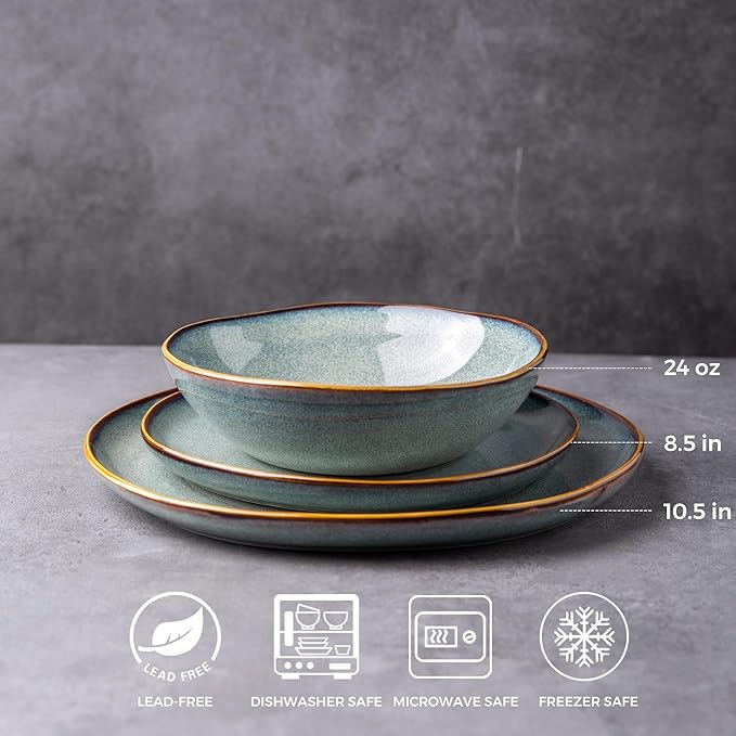 AmorArc Ceramic Dinnerware Sets,Handmade Reactive Glaze stoneware Plates and Bowls Sets,Highly Chip and Crack Resistant | Dishwasher & Microwave Safe,Service for 4 (12pc)