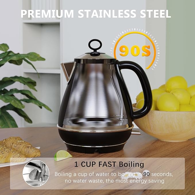 Evoloop 1.7L Electric Kettles, BPA Free Tea Kettle, Hot Water Boiler Heater, Stainless Steel Teapot, Auto Shut-Off & Boil-Dry Protection, 120V/1500W (Black)
