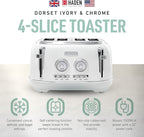 Haden Dorset 4 Slice Wide Slot Stainless Steel Toaster with Adjustable Browning Control & Non-Slip Feet, Ivory & Chrome