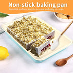 9x13 Baking Pan with Lid and Handle, Nonstick Cake Carrier with Locking Cover, Deep Oblong Bakeware for Brownies, Casseroles, and Travel, Blue and Beige