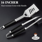 ROMANTICIST 30pcs BBQ Grill Tool Set for Men Dad, Heavy Duty Stainless Steel Grill Utensils Set, Non-Slip Grilling Accessories Kit with Thermometer, Mats in Aluminum Case for Fathers Day Black