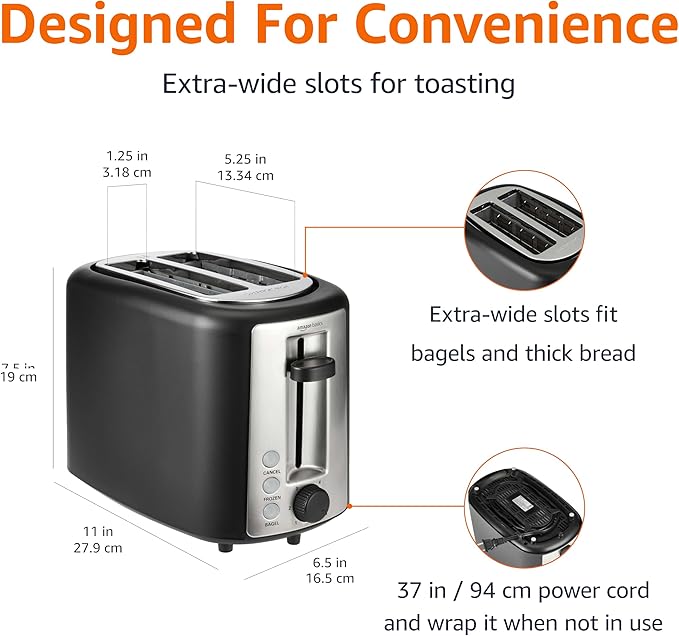 Amazon Basics 2 Slice Toaster, With 6 Browning Settings, Extra Wide Slots For Bagels and Special Breads, Removable Easy-to-Clean Crumb Tray, Cancel/Defrost/Bagel Buttons, 900W, Black & Silver