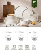 Famiware Nebula Plates and Bowls Sets, 12 Pieces Stoneware Dinnerware Sets, Reactive Glaze Dish Set, Dishes Set for 4, Matte Beige White