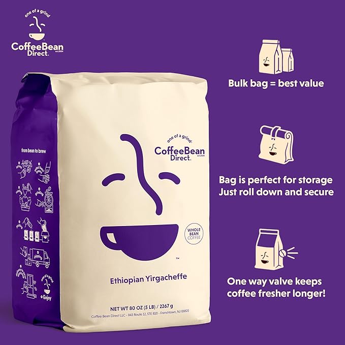 Coffee Bean Direct Ethiopian Yirgacheffe, Whole Bean Coffee, Light Roast, 5 Pound Bag (Pack of 1)