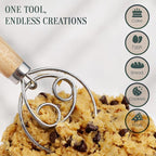 13-Inch Danish Dough Whisk, Wooden Handle with Stainless Steel Double Loop Dough Hook, Dough Whisk for Sourdough, Pizza, Cake Batter