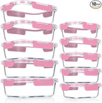 VERONES 10Pack Glass Meal Prep Containers, Airtight Glass Lunch Containers,Stackable Food Storage Containers Set with Lids,Exclusive of BPA, for Microwave,Oven, Freezer&Dishwasher Friendly,Pink