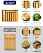 Kitsure Large Bamboo Silverware Organizer - Expandable Drawer Organizer for Utensil, Cutlery and Flatware, Kitchen Storage Solution with 6 to 8 Slots, Natural, 19.4" × 13.1" × 1.8"