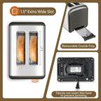 SEEDEEM Toaster 2 Slice, Real Touch Screen with LCD Display, Single-Slice Function, Stainless Steel Toaster, 50% Faster Heating, 1.5" Wide Slots, Removable Crumb Tray, 1350W, Dark Metallic