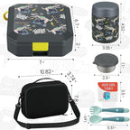 Itslife Bento Lunch Box Set for Kids with 12oz Soup Thermo&Lunch Bag, Leak-Proof Lunch Food Containers for Kids School, 5 Compartment, Sauce Cup, 10 Notes (Grey Dinosaurs)