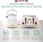 Haden Heritage 4 Slice Wide Slot Stainless Steel Toaster Bundled with 1.7 Liter Stainless Steel Electric Water Kettle, Ivory & Copper