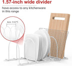 JAQ Pot Lids Holder, 10.5" Kitchenware Dividers Organizer for Plates, Pans, Cutting Boards, Muffin Tins, Baking Sheets in Cabinets Shelf Countertop Pantry (2-Pack, White)