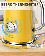 Harriet Electric Kettle, 1.8L Retro Electric Tea Kettle with Thermometer, 1500W Stainless Steel Hot Water Kettle Electric with LED Indicator, Fast Boiling, Cordless, Auto Shut-Off, Yellow