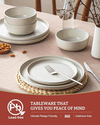 Famiware Milkyway Stoneware Dinnerware Sets with Pasta Bowls, Service for 4 (16 Pieces), Reactive Glaze Plates and Bowls Sets, Microwave and Dishwasher Safe Dishes Set, Matte Beige White