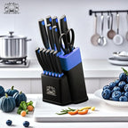 14 Pcs Kitchen Knife Block Set with Sharpener German High Carbon Stainless Steel Chef Knives, Razor-Sharp & Durable, Lightweight Anti-Slip Handle, Professional Set for Home & Kitchen (Blue)