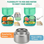Bento Lunch Box with 12oz Soup Thermo,4 Compartments Lunch Box Containers, Spoon&Sauce Jar, BPA Free&Leak proof,Insulated Food Jar for Travel (Green)
