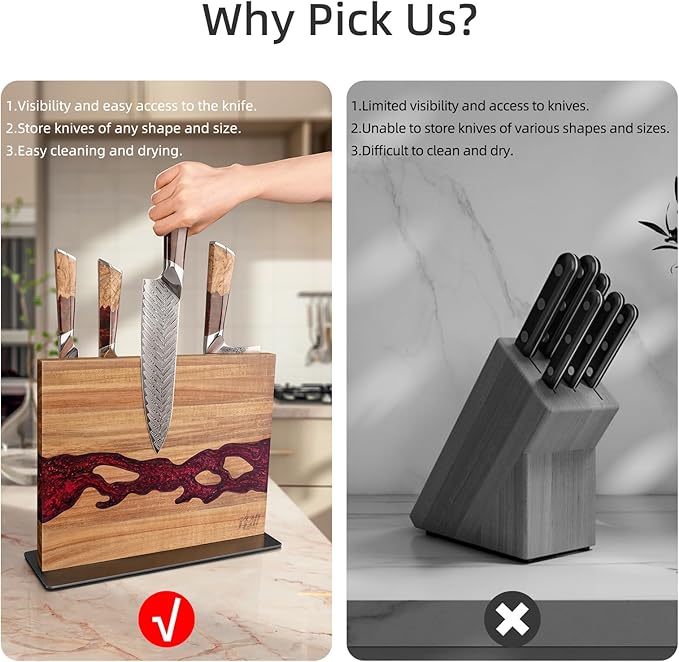 FINDKING Magnetic Knife Block, Double Sided Holder, Powerful Magnet Kitchen Storage, Acacia Wood and Red Resin (12 x 10 Inches, Without Knives)