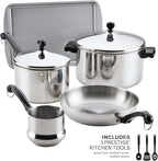 Farberware Classic Series Stainless Steel Pots and Pans with Baking Sheet Pan, Cooking Tools, and Lids, Induction Ready, Dishwasher Safe, 10 Piece Cookware Set, Metal Utensil Safe - Stainless Steel