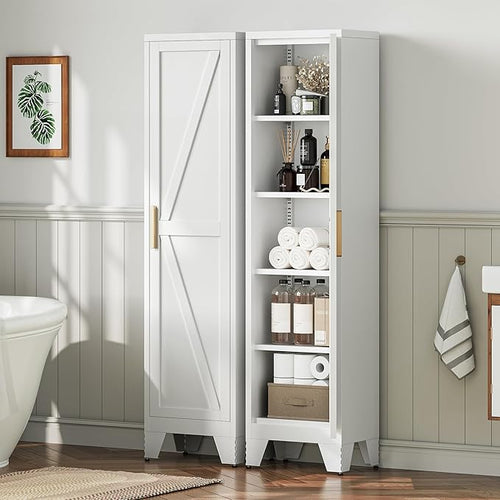 67" Tall Narrow Bathroom Metal Storage Cabinet with 4 Adjustable Shelves, Freestanding 5 Tier Slim Pantry Storage Cabinet for Small Space, White