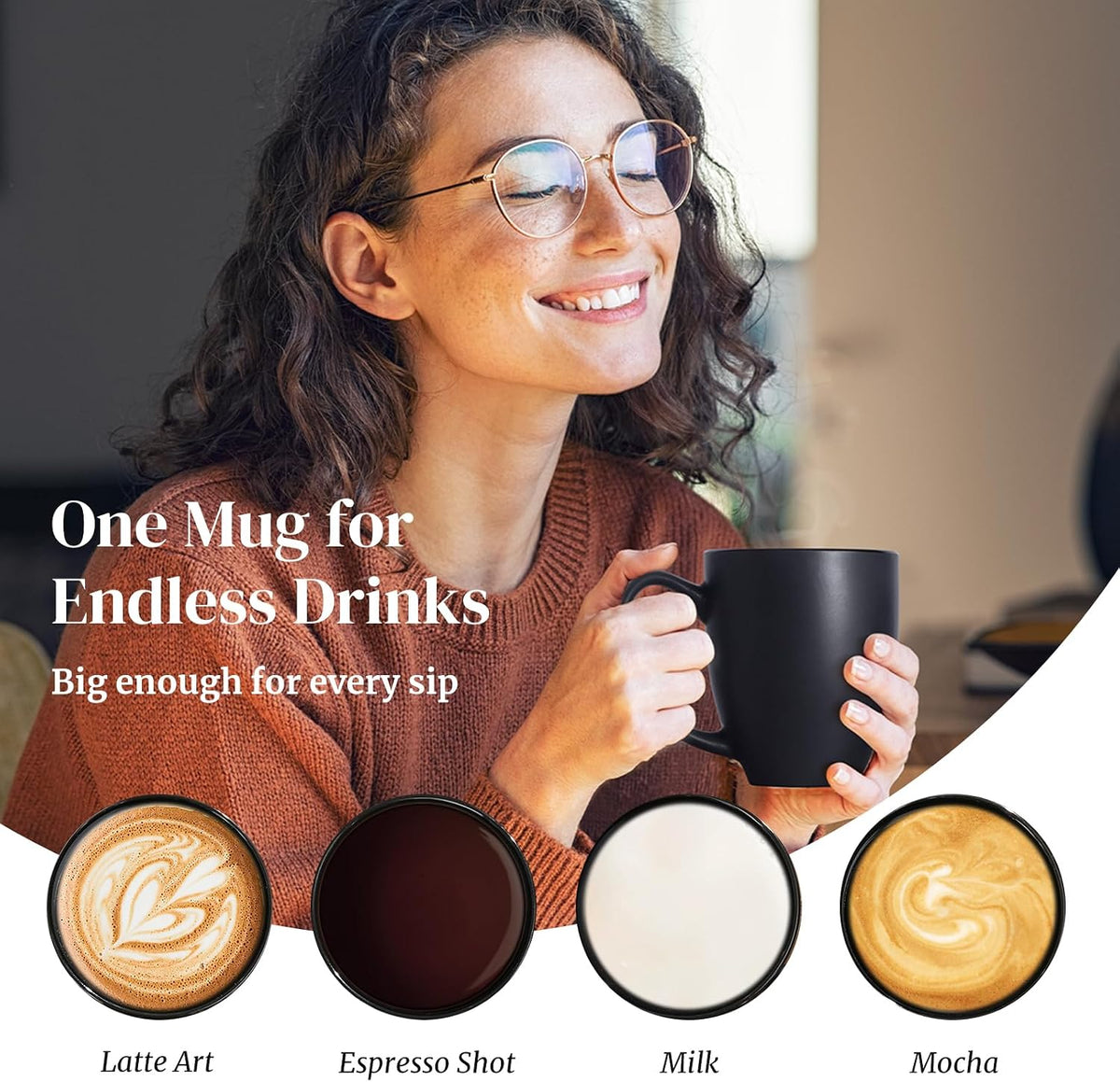 DOWAN Coffee Mugs, Black Coffee Mugs Set of 6, 16 oz Ceramic Coffee Cups with Large Handles for Men Women, Porcelain Big Mug for Tea Latte, Mug Gifts for Home Office Party - Image 6