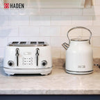 Haden Heritage Stainless Steel Body Retro Electric Tea Kettle, White and Haden Heritage 4 Slice Wide Slot Stainless Steel Retro Toaster, White
