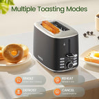 Topzee Toaster 2 Slice, Wide Slot for Toasting Bagel Muffin Waffle Gluten Free Breads, 7 Shade Settings, Defrost & Reheat, Stainless Steel, Easy Clean, Black