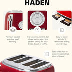 Haden Dorset 4 Slice Wide Slot Stainless Steel Toaster with Adjustable Browning Control & Non-Slip Feet, Rectory Red