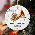 Custom Text Year Name French Horn Player Ceramic Ornament, Personalized French Horn Instrument Xmas Ornaments Gift for Daughter Son Brother Sister, Unique Musical Instrument Lover Christmas Ornament