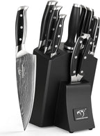 Damascus Kitchen Knife Set with Block – Razor Sharp 67-Layer VG10 Steel, Triple Rivet Handles, Chef, Santoku, Utility, Bread & Paring Knives, Sharpener, Shears, Black, 9PCS