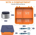Bento Box for Kids - Leak-Proof Bento Lunch Box with Insulated Thermos Food Jar - 4 Compartments, 1 Removable Divider, 1Spoon, 1 Fork - Dishwasher Safe, BPA-Free (Navy blue)