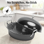 32L Large Oval Roaster Pan, Carbon Steel Roasting Pan with Rack and Lid for Thanksgiving Christmas Party, Turkey Roaster Pan for Chicken Beef Max Load 25 Lbs