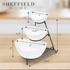 Sheffield Home 3 Tier Stoneware Large Serving Bowls Set with Metal Stand - Microwave & Dishwasher Safe Fruit Bowl & Chip and Dip Servings Set - Serving Dishes for Party, Kitchen & Side Dishes (White)