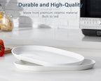 ONEMORE 16 Inch Ceramic Serving Plates for Entertaining, Set of 2 Large Oval Dinner Plates- Dishwasher Oven Safe Serving Tray for Food Meat Fish Parties- Porcelain Thanksgiving Turkey Platters - White