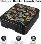 Bento Lunch Box Set for Kids with 10oz Soup Thermo, Leak-Proof Lunch Containers with 4 Compartment, Kids Thermo Hot Food Jar and Insulated Lunch Bag for Kid to School,BPA-Free(Black-Game Console)
