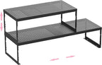 Stackable Expandable Metal Shelf Organizer - Adjustable Wire Storage Rack with Holes for Kitchen, Bathroom, Cabinet, Office - Space Saving, Durable & Sturdy Design（2PACKS/Medium/Black