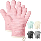 MAD SHARK Silicone Oven Mitts Heat Resistant 450 Degrees,Waterproof & Non-Slip Oven Gloves with Fingers,Cotton Lined Silicone Oven Gloves Kitchen Mitts for Baking Cooking Barbecue,Women (Pink)