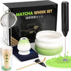 Matcha Whisk Set with Electric Frother – 8Pcs Tea Set with Matcha Bowl, Bamboo Whisk & Holder, Scoop, Scoop Rest,Sifter&Tea Towel–Traditional & Modern Matcha Kit for Ceremony,Lattes & Gifts – Green