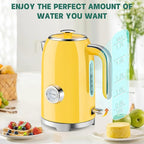SUSTEAS Electric Kettle - 57oz Hot Tea Kettle Water Boiler with Thermometer, 1500W Fast Heating Stainless Steel Tea Pot, Cordless with LED Indicator, Auto Shut-Off & Boil Dry Protection, Retro Yellow