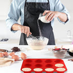 12 Cups Silicone Muffin Pan, Nonstick Cupcake Pan, Heat Resistant Silicone Muffin Tin, Reusable Cupcake Moulds Baking Pan for Cakes, Bread (Red-2 Packs)