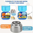 Bento Lunch Box for Kids with 12oz Soup Thermo,4 Compartments Lunch Box Containers Kids, Spoon&Sauce Jar, BPA Free&Leak proof,Insulated Food Jar for Travel((Blue)