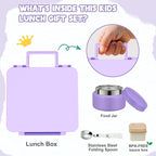 Bento Lunch Box for Kids with 9oz Soup Thermo Leak-Proof Lunch Food Container with 5 Compartment Thermo Hot Food Jar and Insulated Lunch Bag for Kid Toddler Girls Boys to School(Purple)