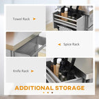 HOMCOM Rolling Kitchen Island Cart with Wheels, Portable Island Table for Kitchen with Stainless Steel Top, Adjustable Shelves, 2 Drawers, Spice, Knife and Towel Rack, Gray