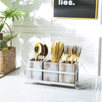 Silverware Caddy Utensil Organizer for Countertop, Flatware Caddy with Metal Rack, Wooden Utensil Cutlery Holder with 3 Compartment for Kitchen Decor and Party -White