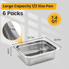 1/2 Hotel Pans 4 Inch Deep Stainless Steel Food Pan - Anti-Jam 6 Pack Steam Table Pan Set for Catering, Buffet Use, Kitchen Prep