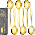 6 Piece Stainless Steel Serving Spoons Set - 6 Large Spoons, 9.2-Inch, Dishwasher Safe, for Parties/Kitchen/Buffet/Catering,Gold