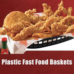 30 Pack 10.5x6.7x1.3 Inch Black Plastic Fast Food Baskets, Restaurant Serving Baskets, Flat Oval Fast Food Serving Basket for Picnic, Deli Serving, Chicken, Burgers and Fries