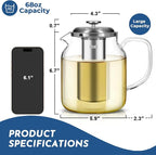 Aquach 68oz Glass Teapot with Built-in Thermometer, Stovetop & Dishwasher Safe, Borosilicate Carafe and Stainless Steel Removable Infuser